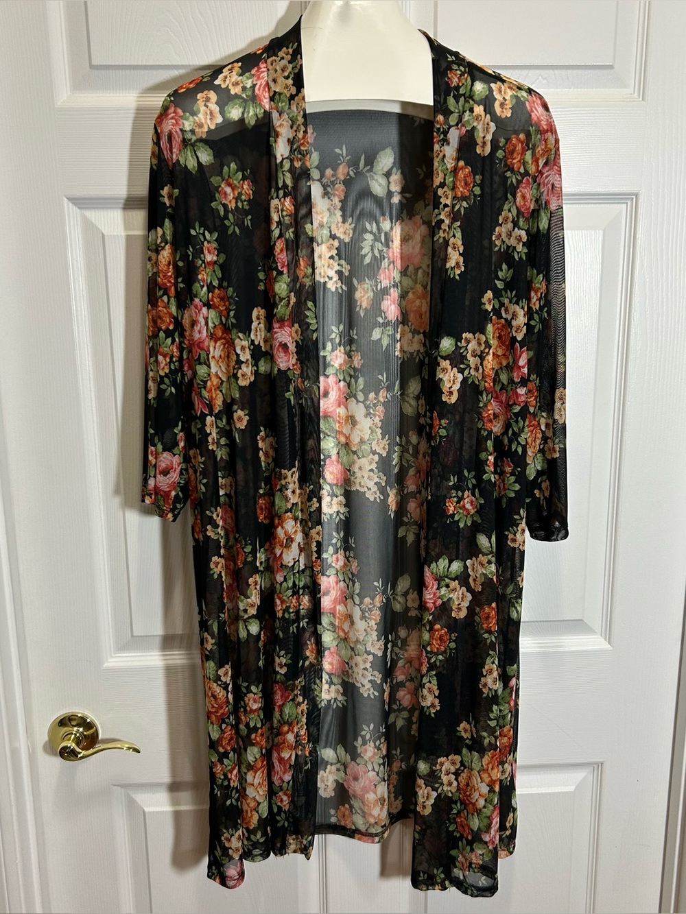 Double Take Black Sheer Floral Print Open Front Kimono